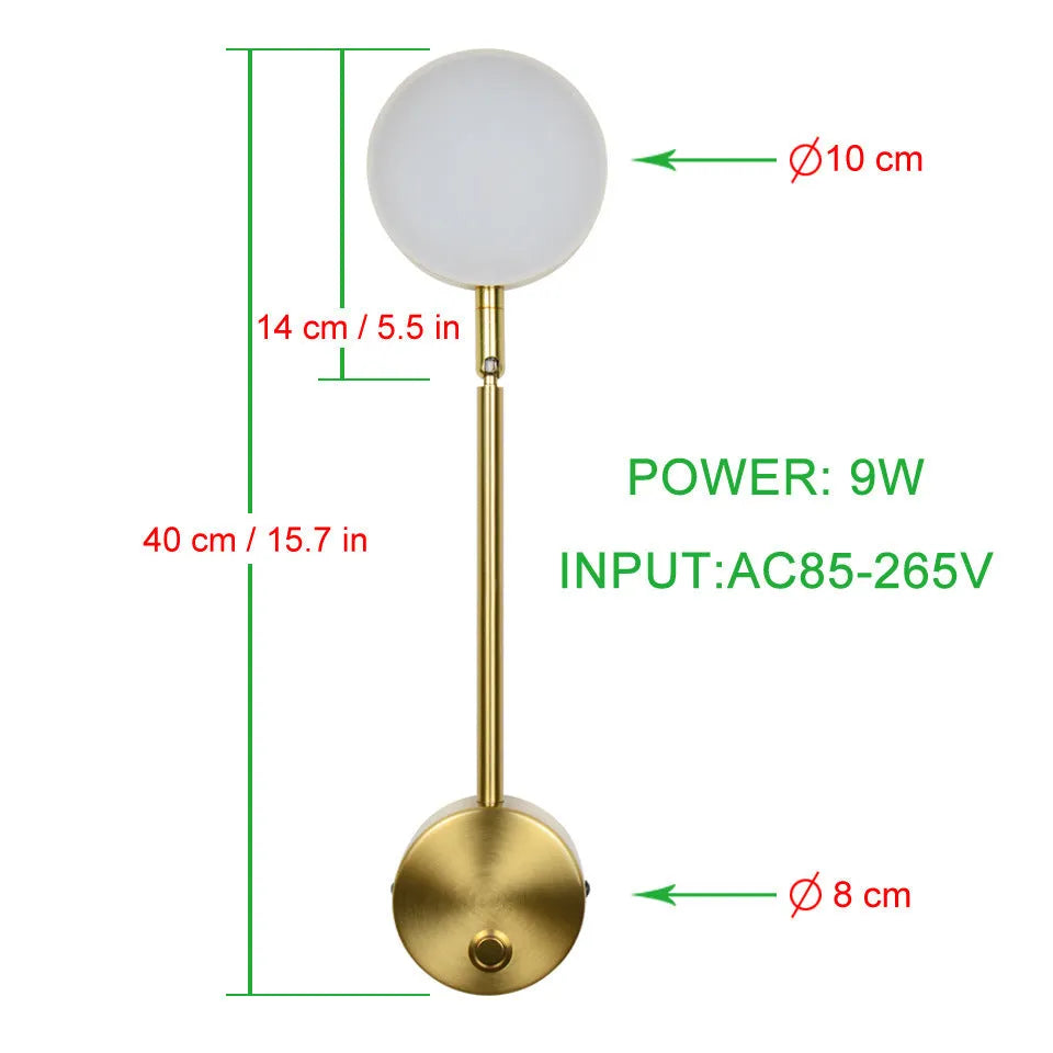 Gold square LED wall lamp 100x400mm with acrylic shade and rotary key switch on white wall