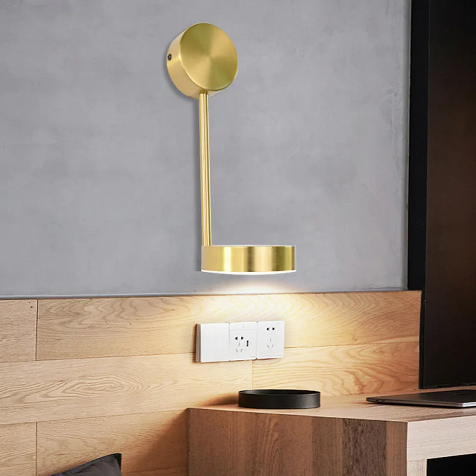 Gold square LED wall lamp 100x400mm with acrylic shade and rotary key switch on white wall