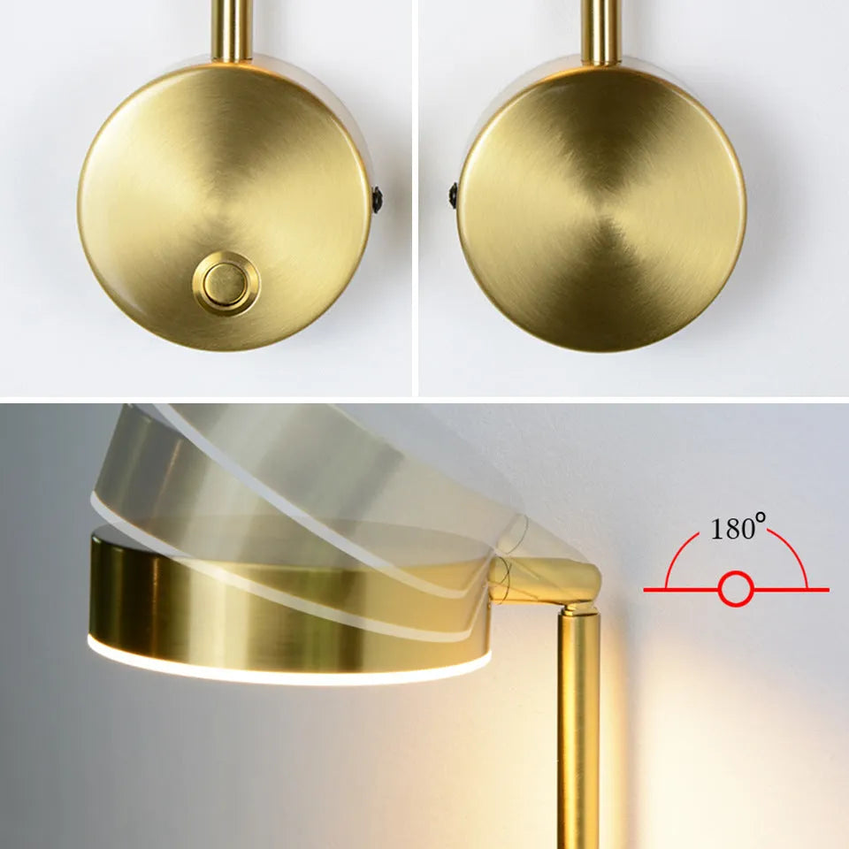 Gold square LED wall lamp 100x400mm with acrylic shade and rotary key switch on white wall