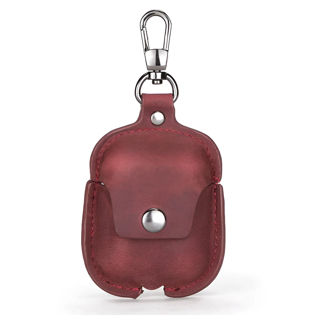 Crazy horse cowhide leather AirPods cover with keychain and charging hole, 6.8cm x 12.3cm, in blue, brown, coffee, or red.