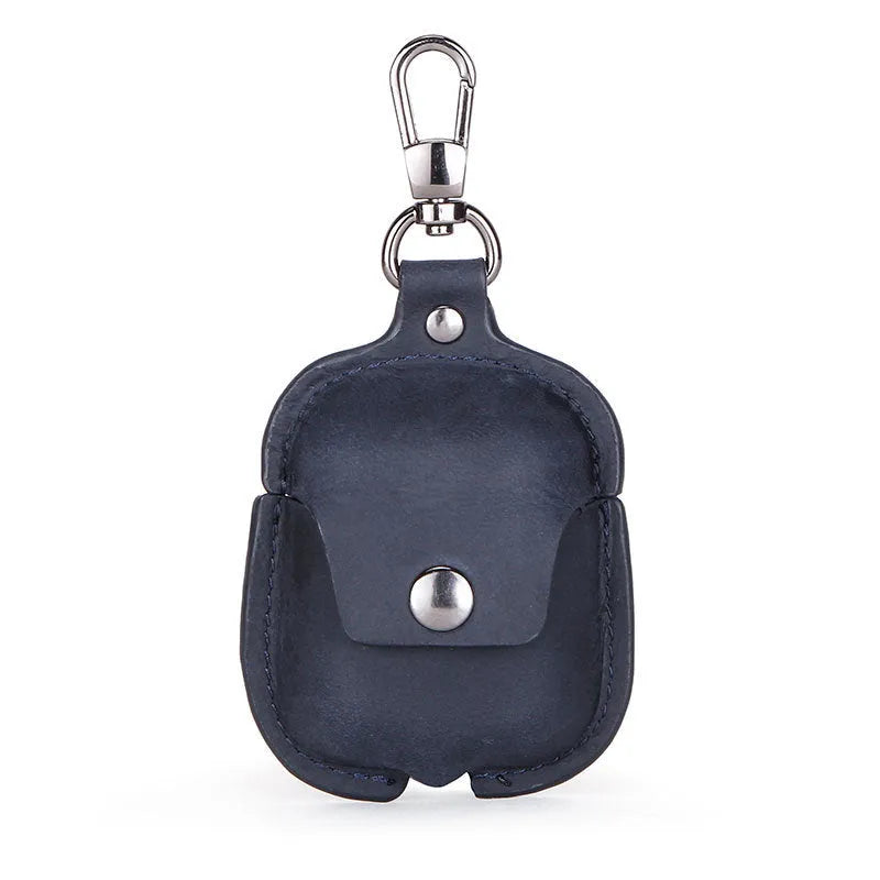 Crazy horse cowhide leather AirPods cover with keychain and charging hole, 6.8cm x 12.3cm, in blue, brown, coffee, or red.