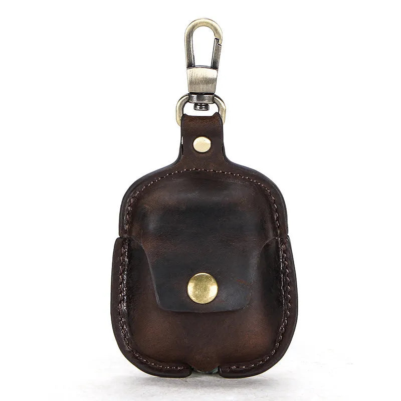 Crazy horse cowhide leather AirPods cover with keychain and charging hole, 6.8cm x 12.3cm, in blue, brown, coffee, or red.