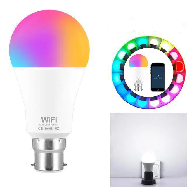 WiFi smart LED light bulb with E27 and B22 cap options for colour-changing and voice-controlled lighting