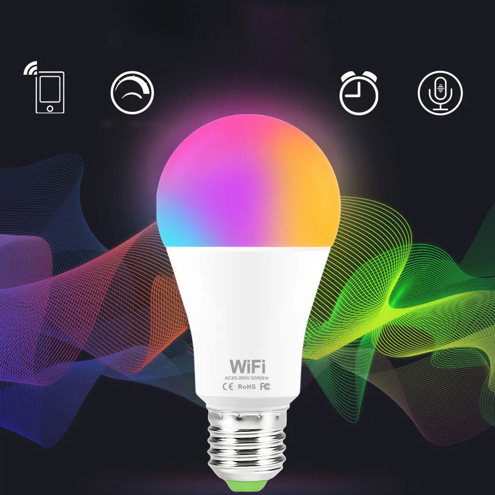 WiFi smart LED light bulb with E27 and B22 cap options for colour-changing and voice-controlled lighting