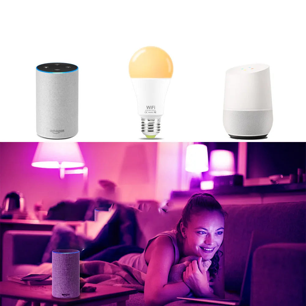 WiFi smart LED light bulb with E27 and B22 cap options for colour-changing and voice-controlled lighting