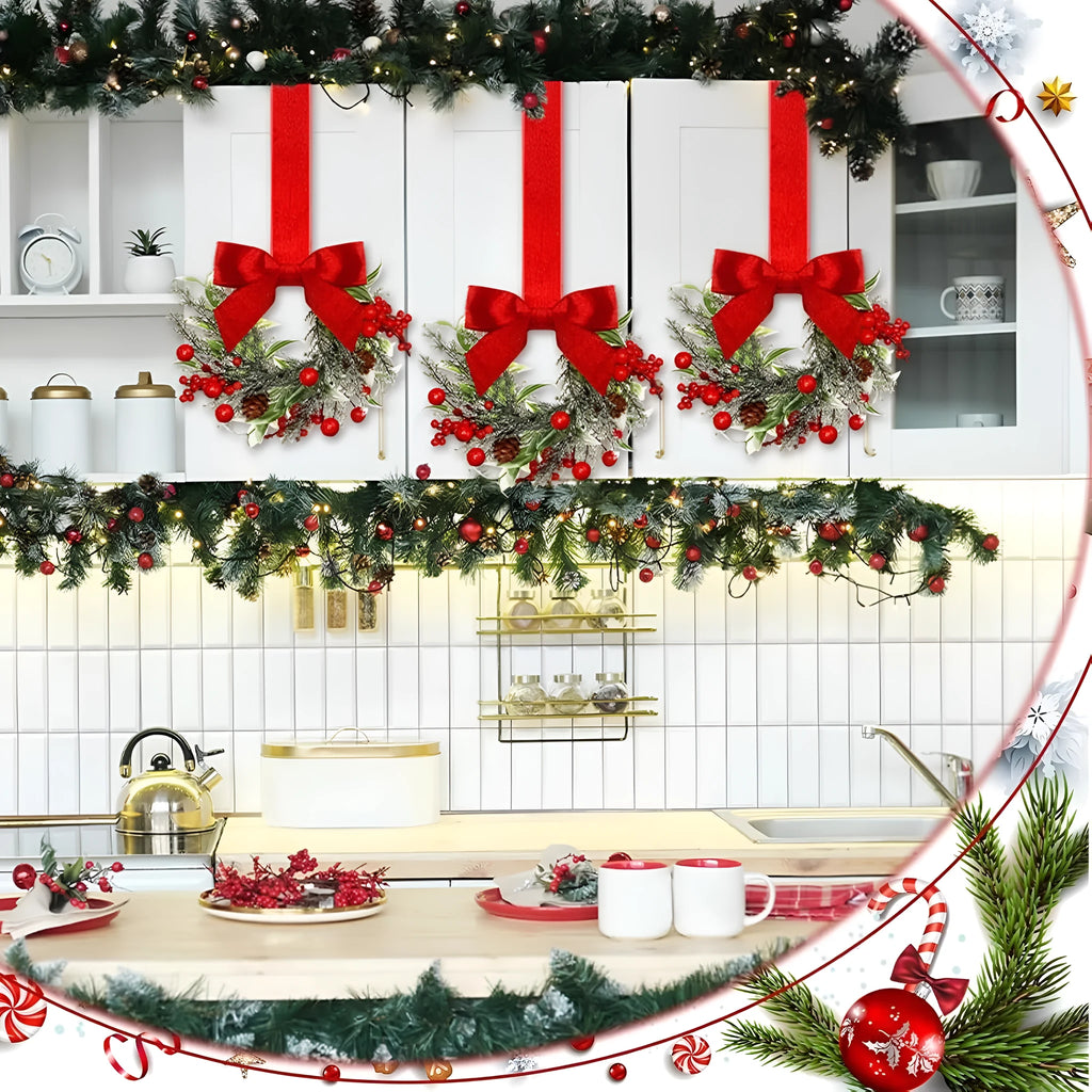 Handmade Christmas garland with bowknot ribbon and pinecone detailing in red, green, or camel colourway
