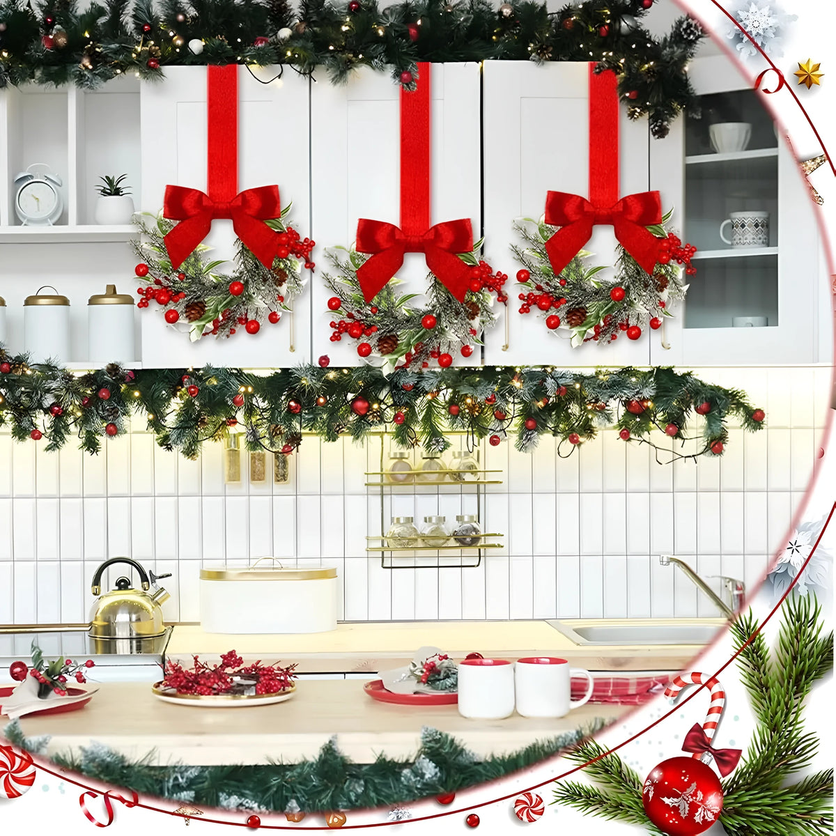Handmade Christmas garland with bowknot ribbon and pinecone detailing in red, green, or camel colourway