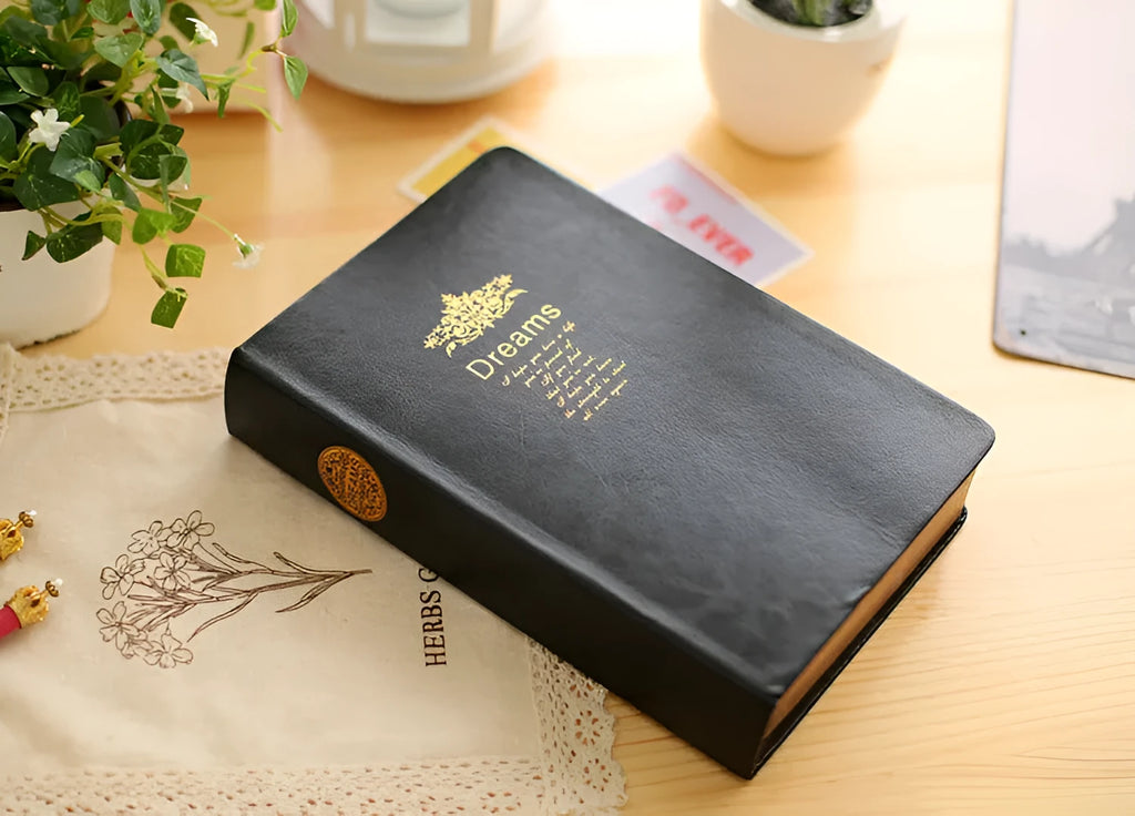 Jingu Super Thick Notebook with imitation leather cover, showing its photo colour and substantial 35mm depth.