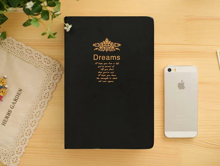 Jingu Super Thick Notebook with imitation leather cover, showing its photo colour and substantial 35mm depth.