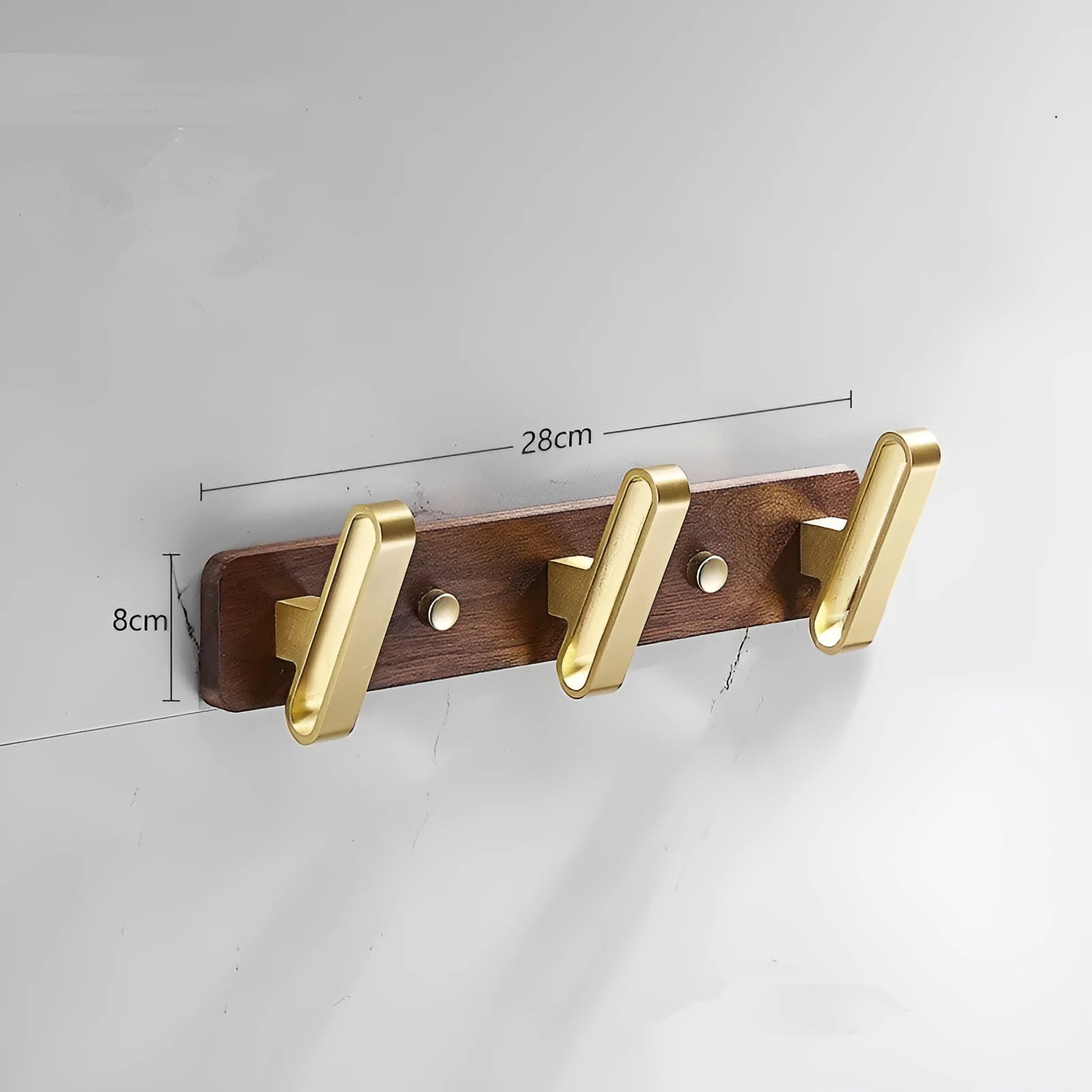 Black walnut bathroom clothes hooks with aluminium frame and brass finish in perforated row design
