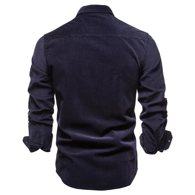 A man's long-sleeved linen shirt in blue, shown alongside other colour options like army green and red.