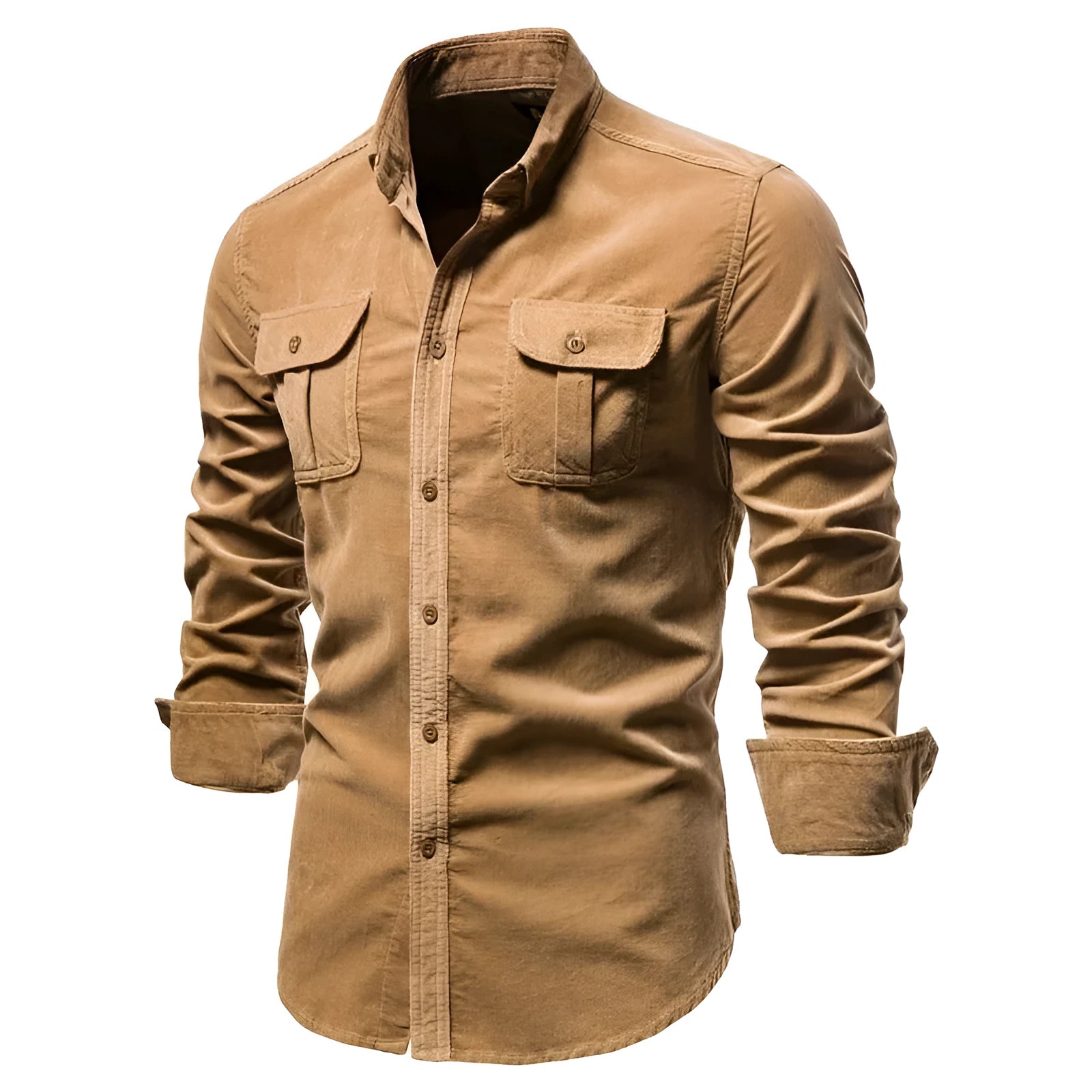 A man's long-sleeved linen shirt in blue, shown alongside other colour options like army green and red.
