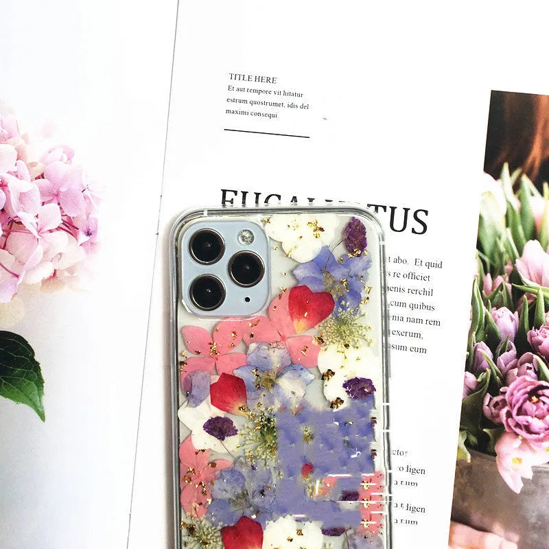 Real dried flower silicone phone case for Apple iPhone in colourful design