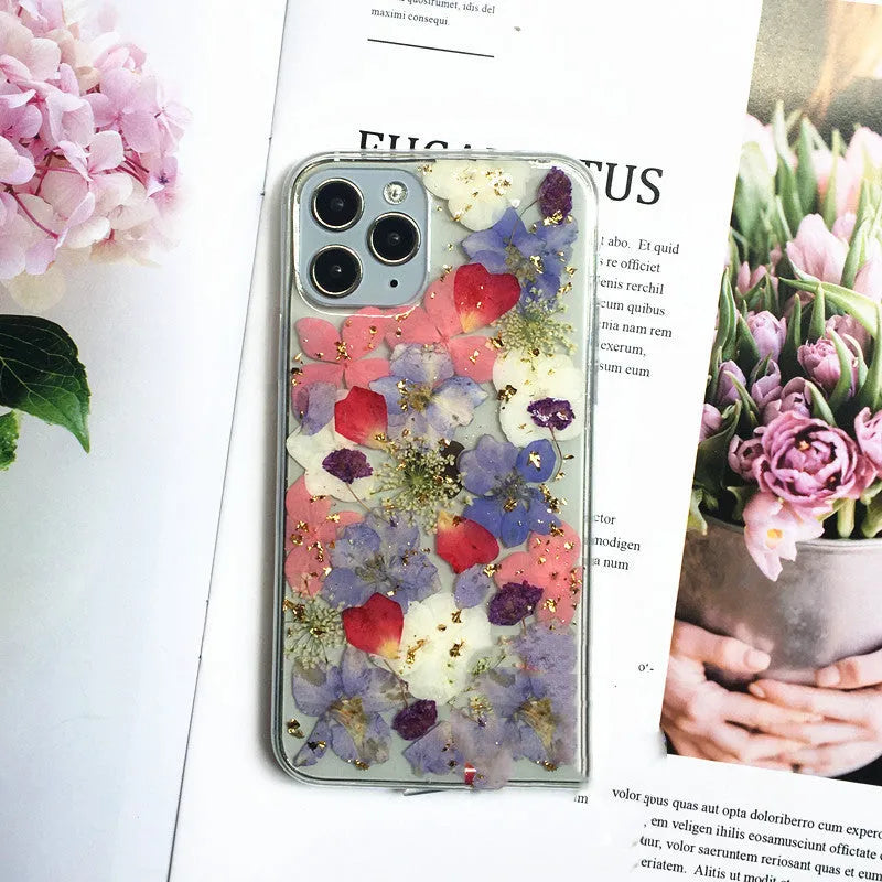 Real dried flower silicone phone case for Apple iPhone in colourful design