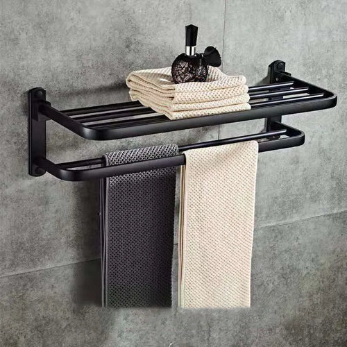Aluminium bathroom folding shelf with two tiers, shown in a light luxury style with optional hooks.