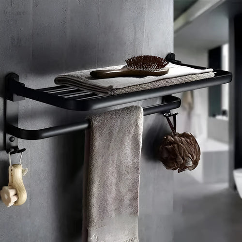 Aluminium bathroom folding shelf with two tiers, shown in a light luxury style with optional hooks.