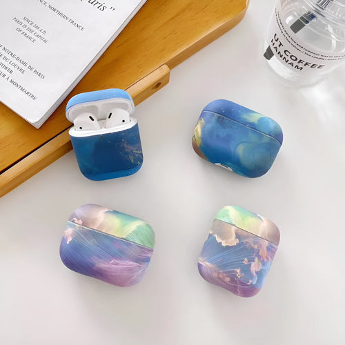 Pink and blue watercolour hard plastic protective cases for Apple AirPods 1, 2 and Pro earphones.