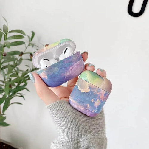 Pink and blue watercolour hard plastic protective cases for Apple AirPods 1, 2 and Pro earphones.