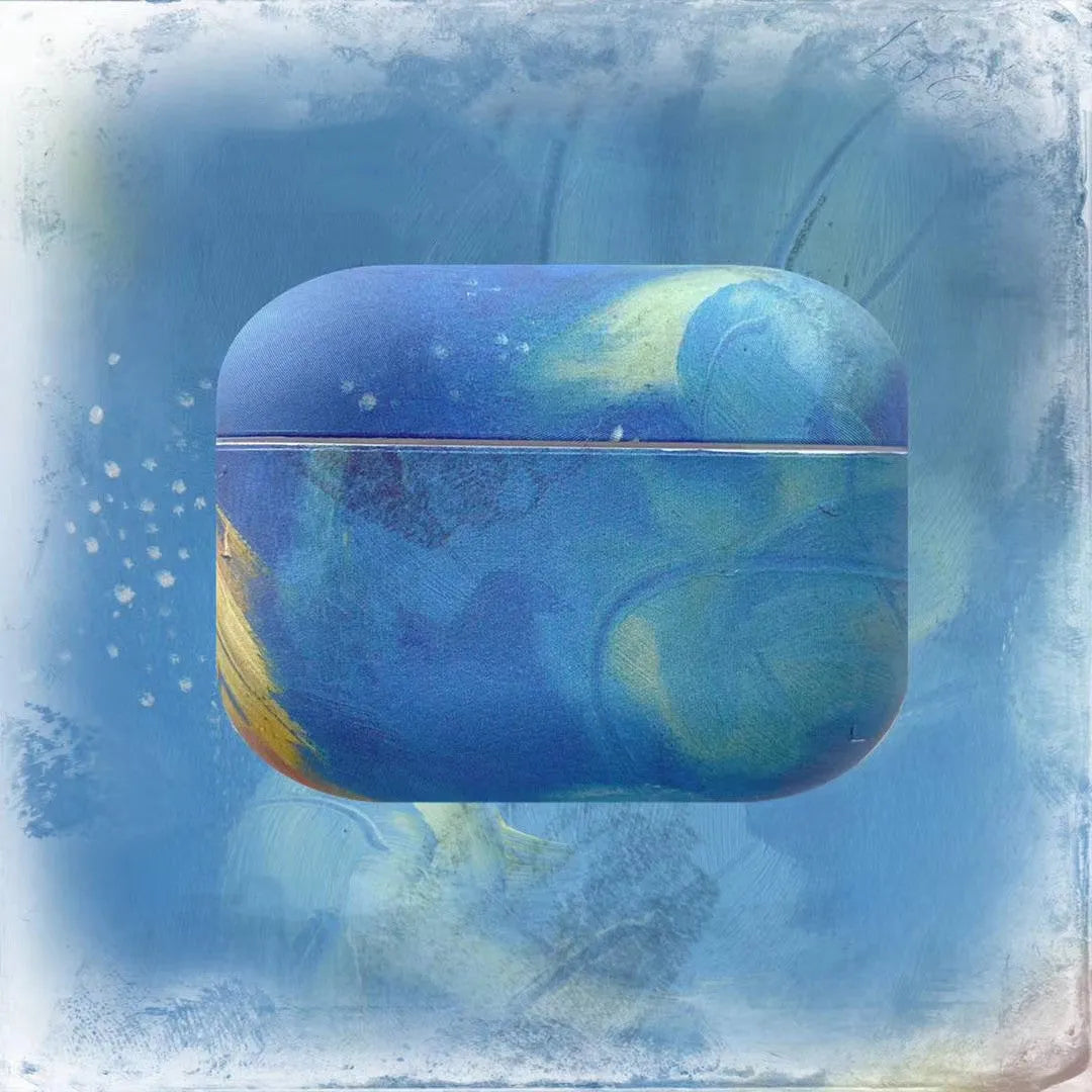 Blue and pink watercolour hard plastic protective case for AirPods Pro and AirPods 1 and 2.