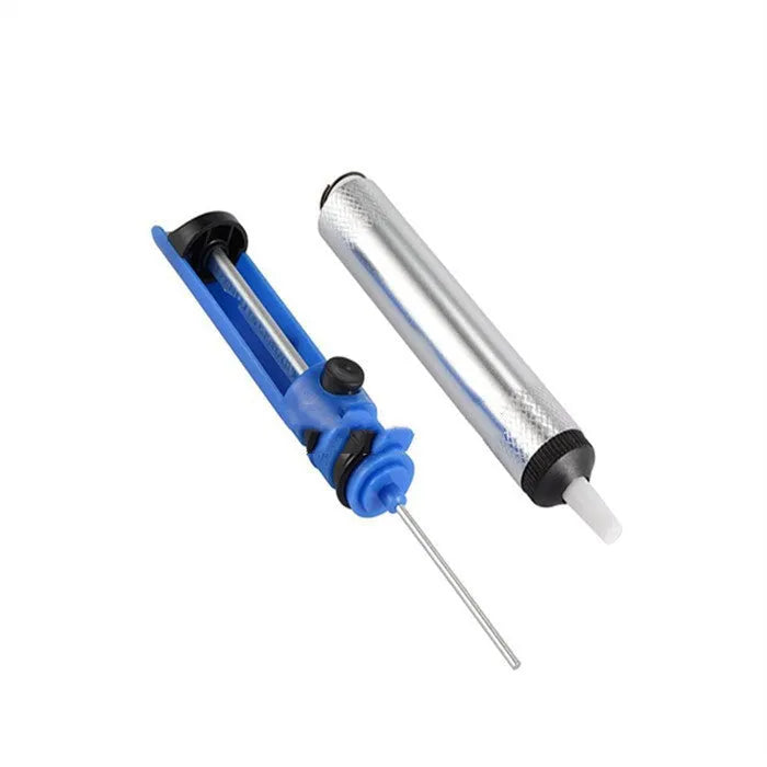 Manual solder suction device in blue, gold, or silver colour with ABS plastic construction