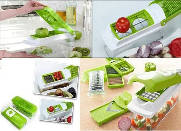 Green manual vegetable chopper with stainless steel blades on a kitchen counter