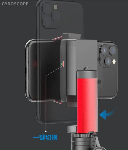 Black aluminium tripod with extended legs and smartphone clamp for iPhone video stabilisation