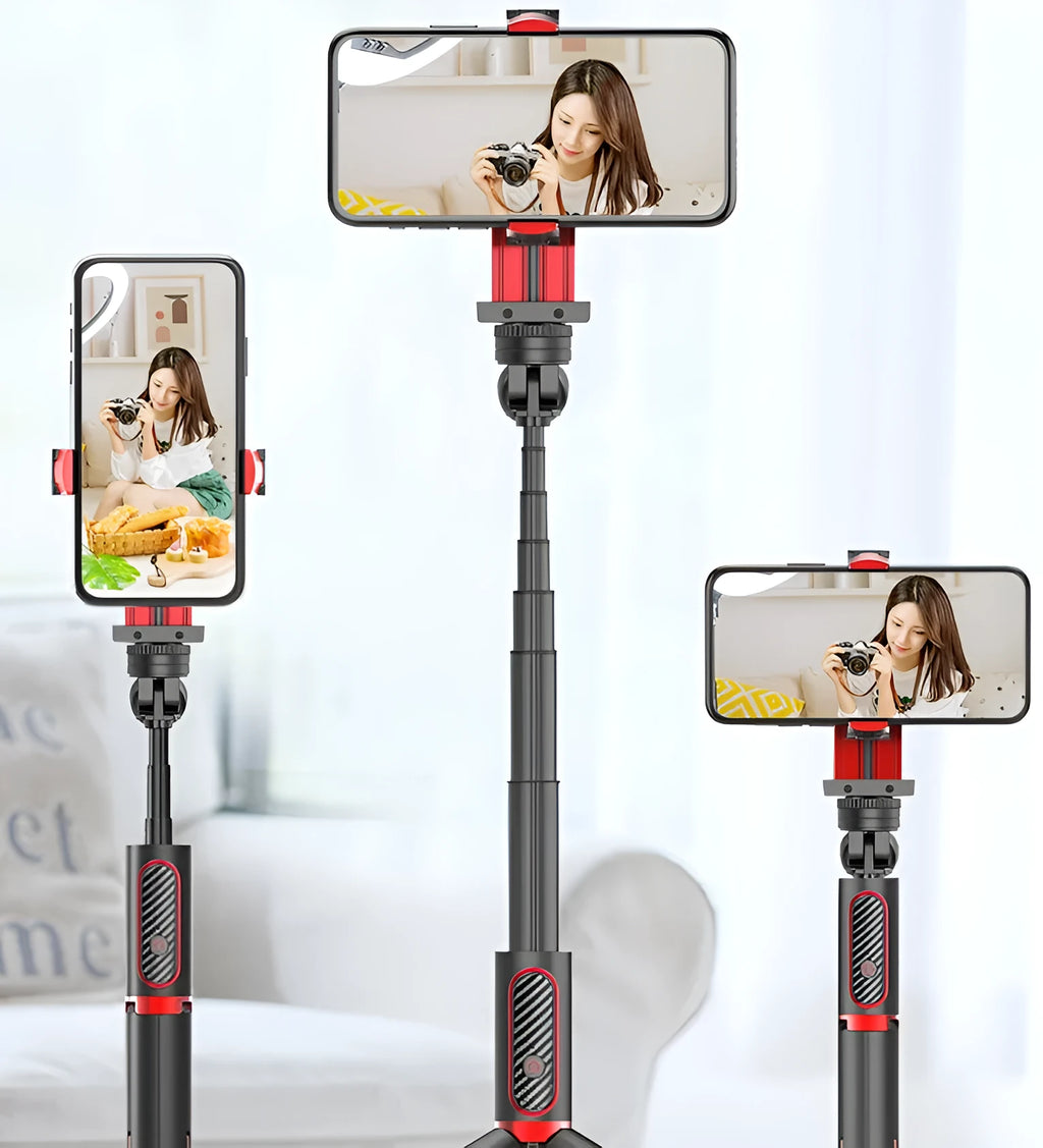 Black aluminium iPhone tripod with integrated video stabilizer extended to full height with phone attached