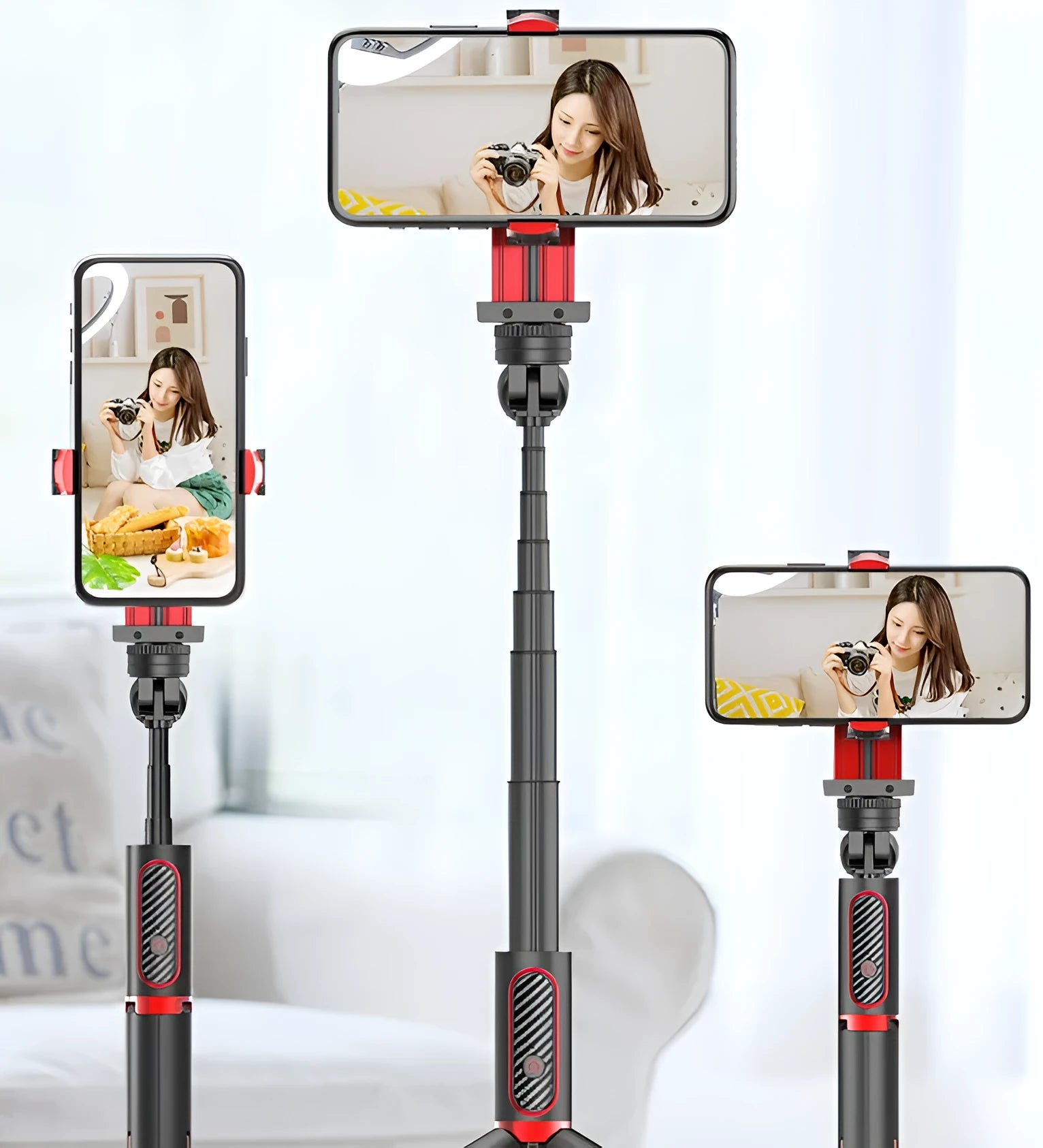 Black aluminium iPhone tripod with integrated video stabilizer extended to full height with phone attached