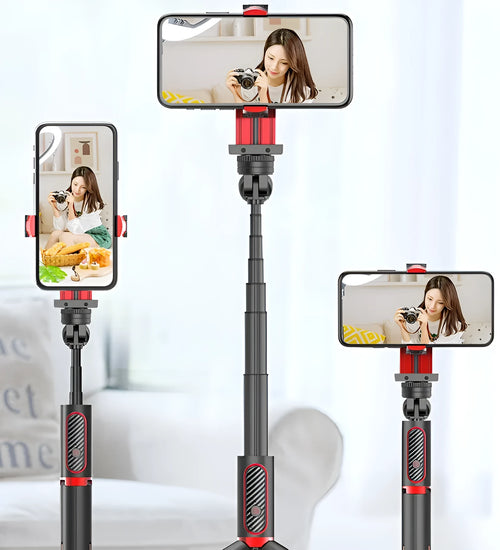Black aluminium tripod with extended legs and smartphone clamp for iPhone video stabilisation