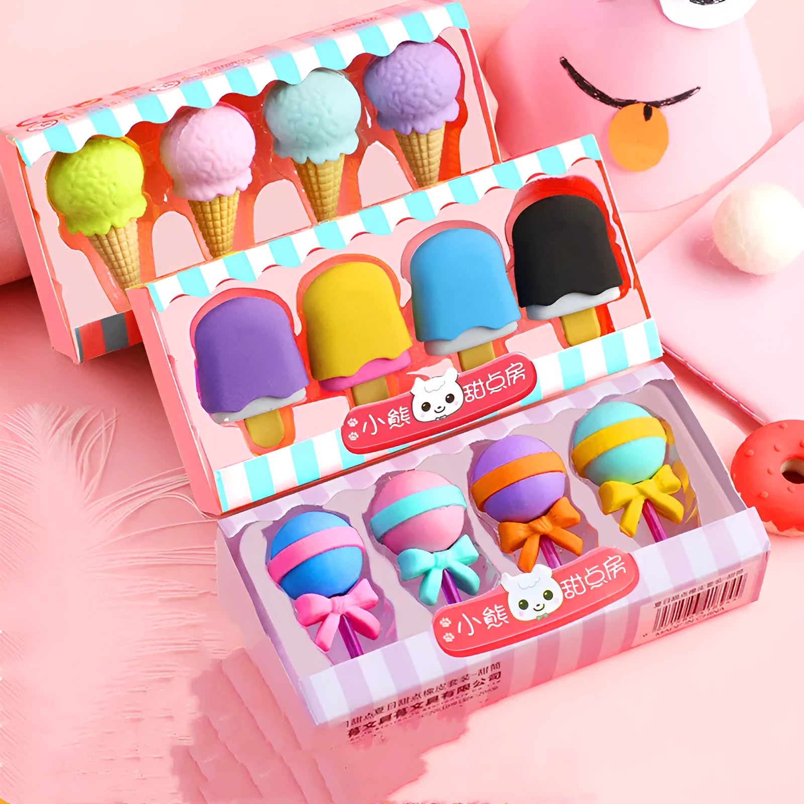 Cartoon eraser gift set for kindergarten children with ice cream, donut, and lollipop designs