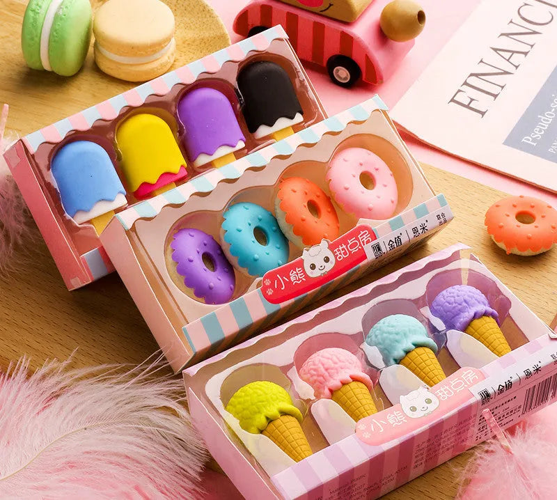 Cartoon eraser gift set for kindergarten children with ice cream, donut, and lollipop designs