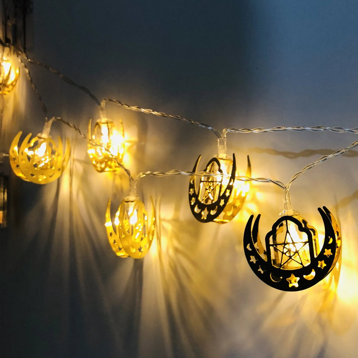 Gold wrought iron moon and star LED string lights for indoor Ramadan and Eid decoration, battery operated