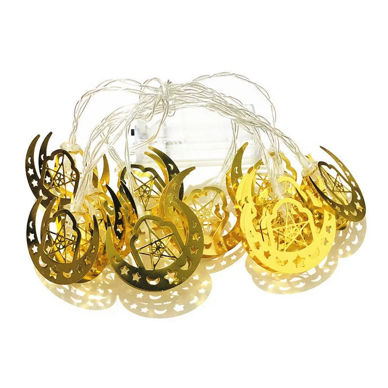 Gold wrought iron moon and star LED string lights for indoor Ramadan and Eid decoration, battery operated