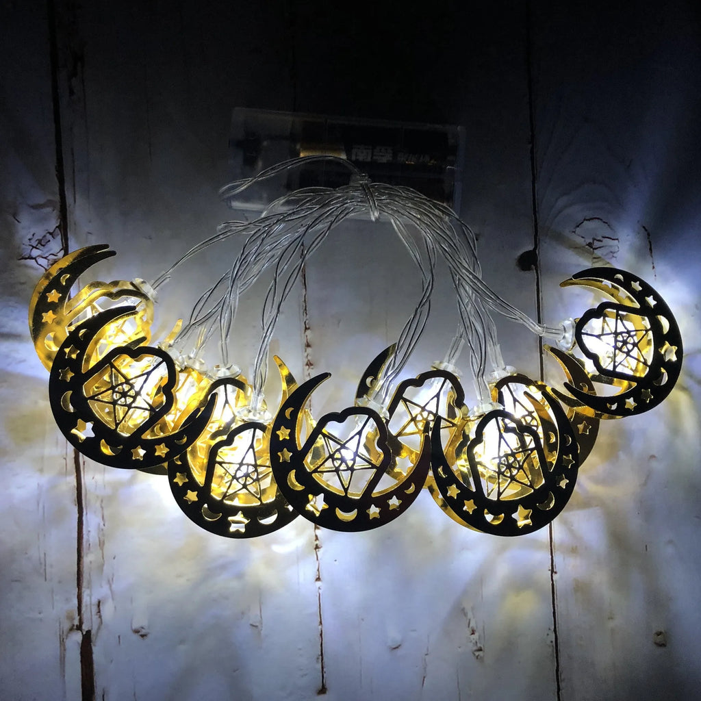 Gold wrought iron moon and star LED string lights for indoor Ramadan and Eid decoration, battery operated