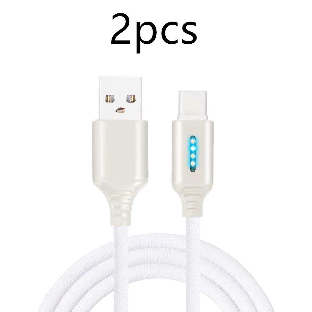 Fabric braided USB charging cable in various colours with Android, iPhone, and Type-C connectors