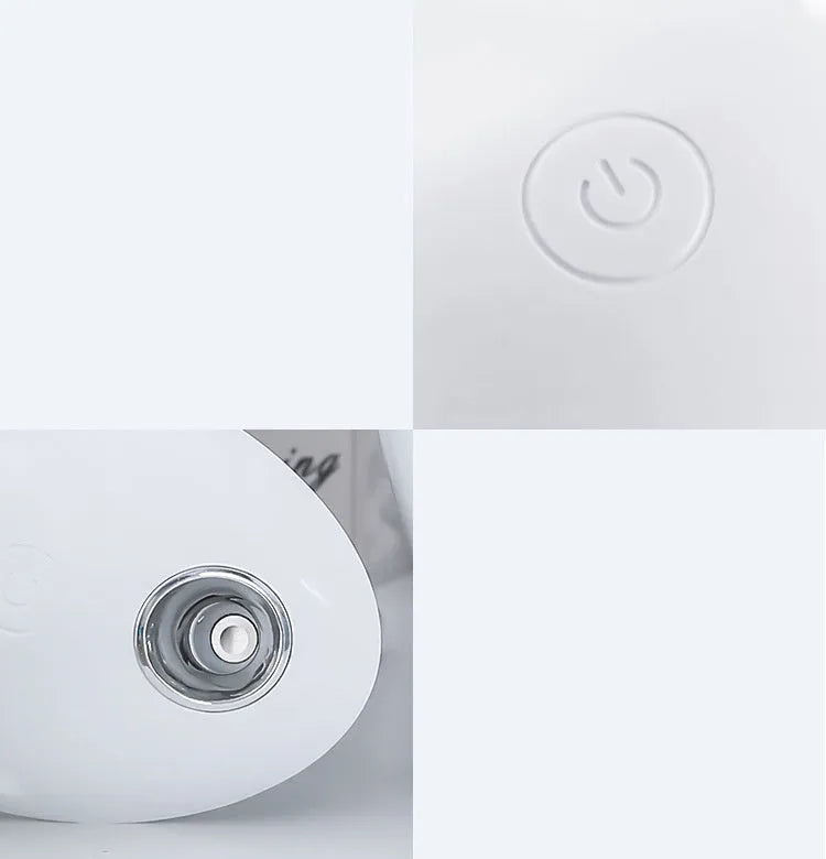 Small round white aromatherapy humidifier with USB cable and water mist emission