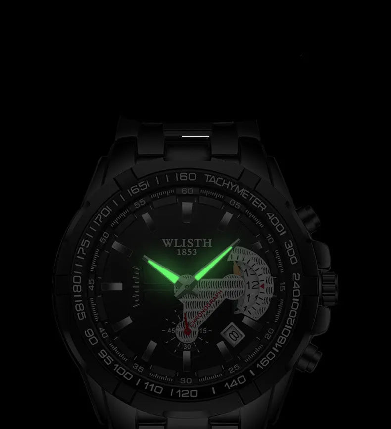 Men's quartz sports watch with stainless steel strap, 47mm round dial, luminous hands, and date display