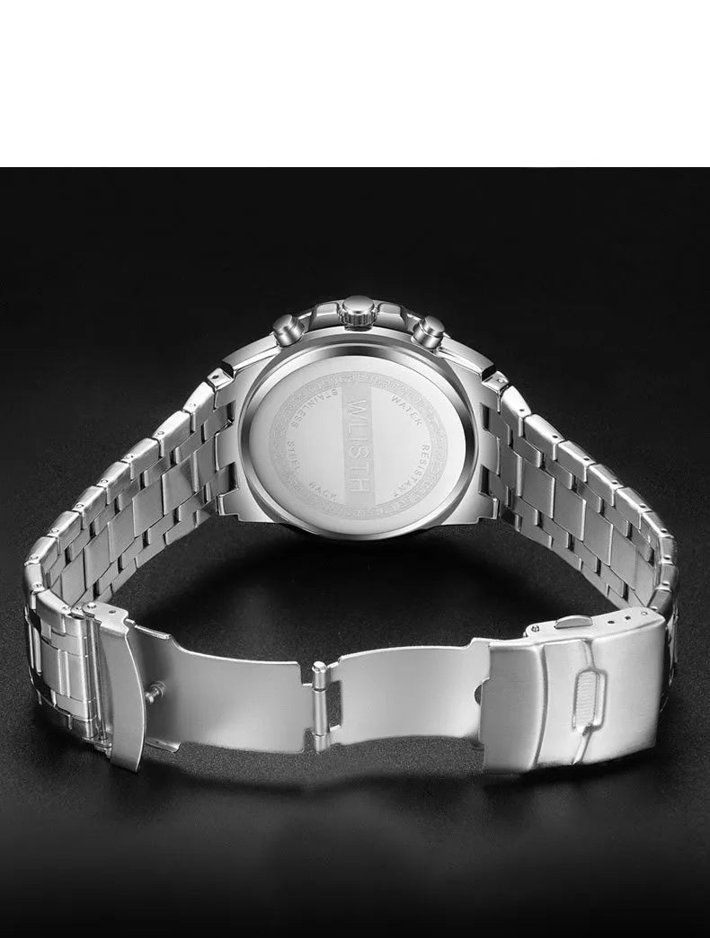 Men's quartz sports watch with stainless steel strap, 47mm round dial, luminous hands, and date display