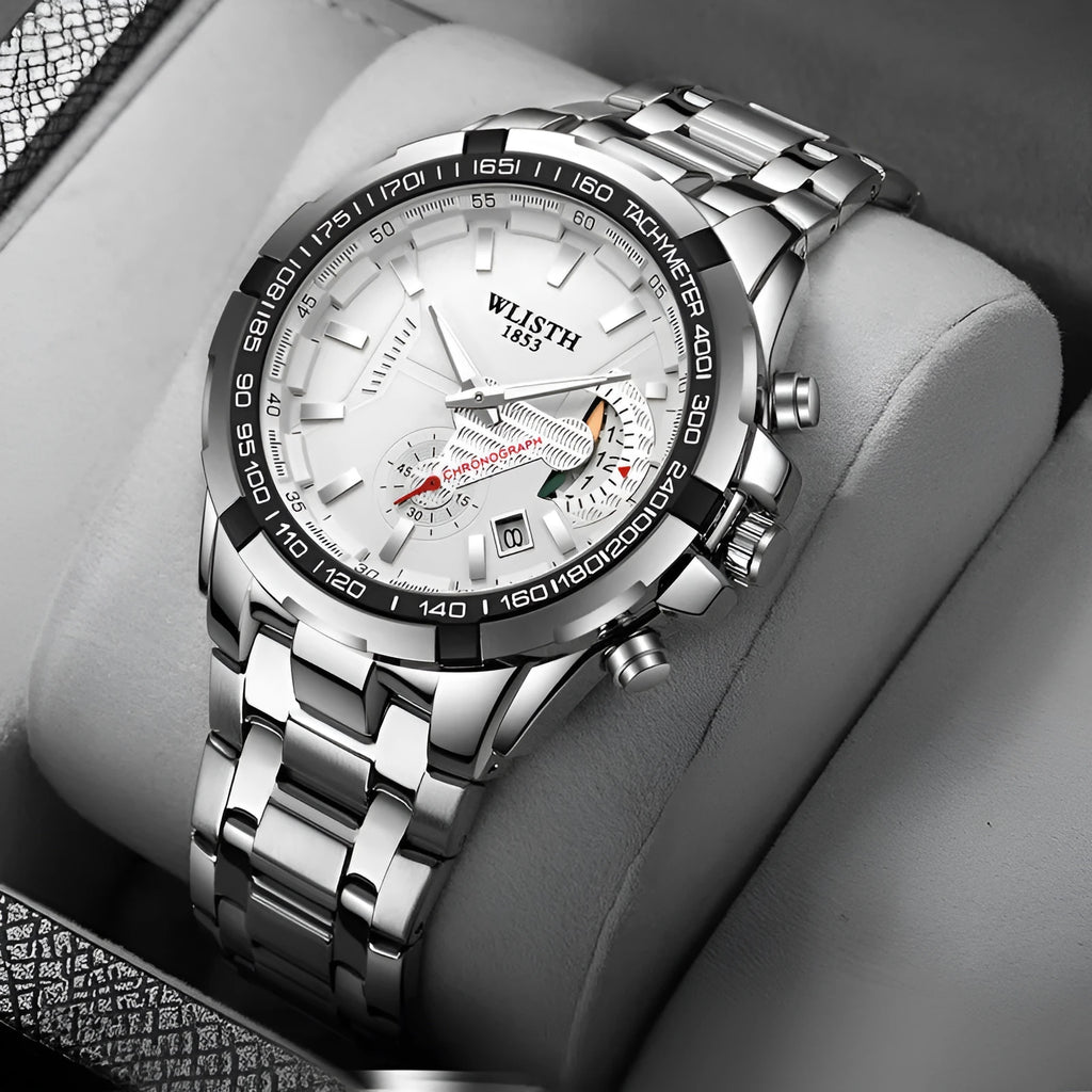 Men's quartz sports watch with stainless steel strap, 47mm round dial, luminous hands, and date display