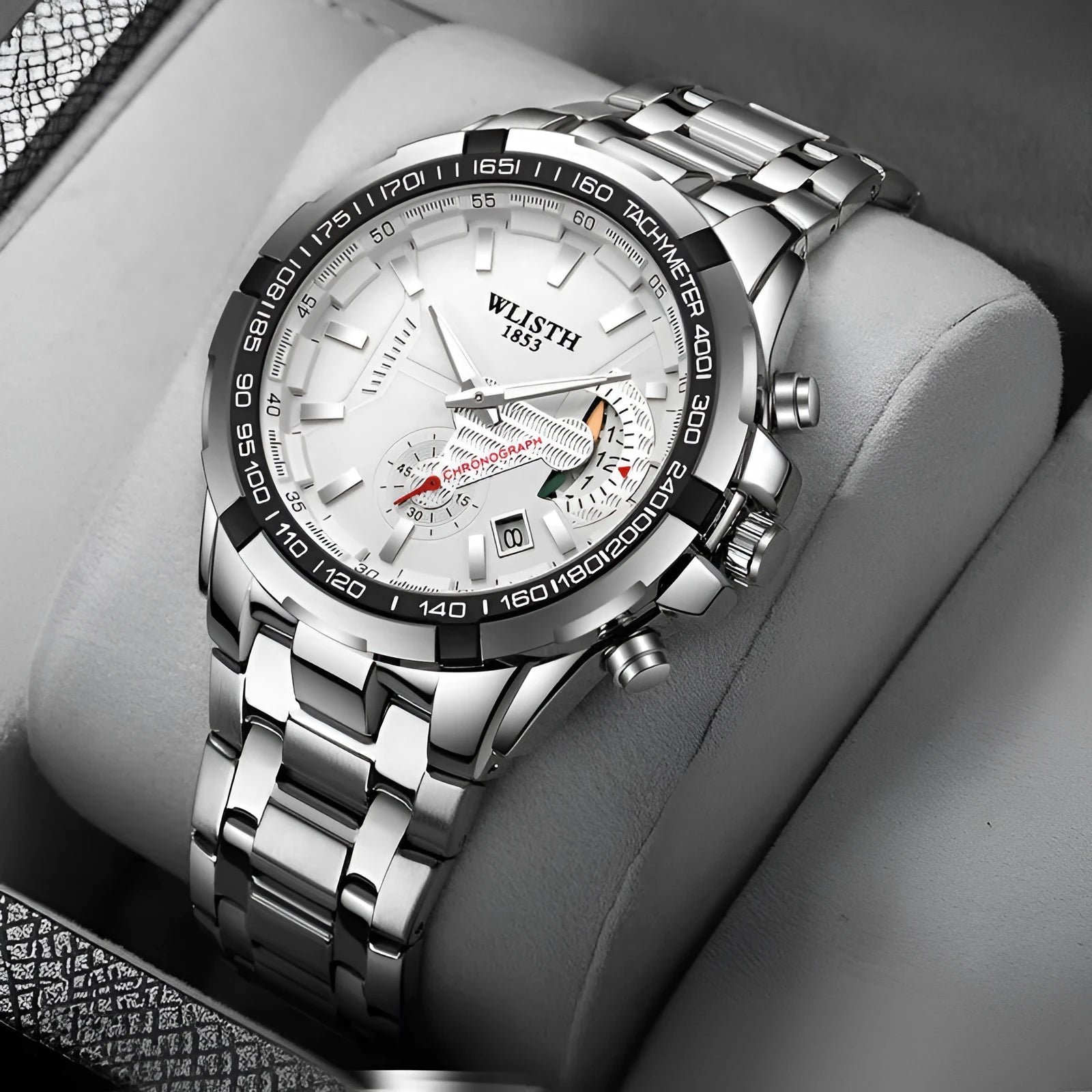 Men's quartz sports watch with stainless steel strap, 47mm round dial, luminous hands, and date display