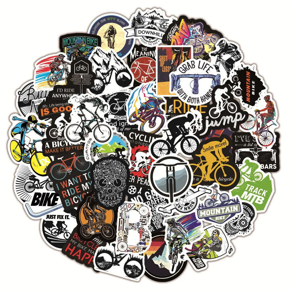Set of 50 bicycle doodle stickers for mountain bike personalisation with strong-adhesion vinyl construction