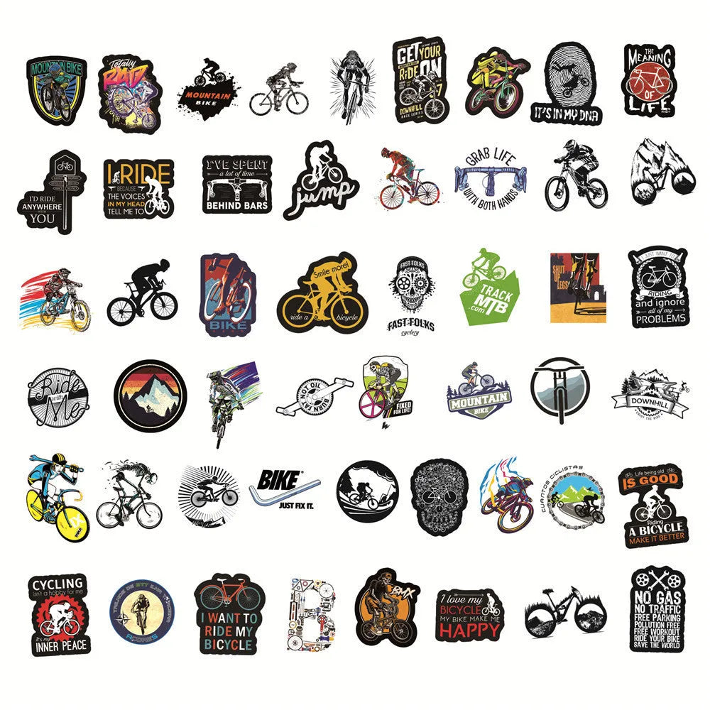 Set of 50 bicycle doodle stickers for mountain bike personalisation with strong-adhesion vinyl construction