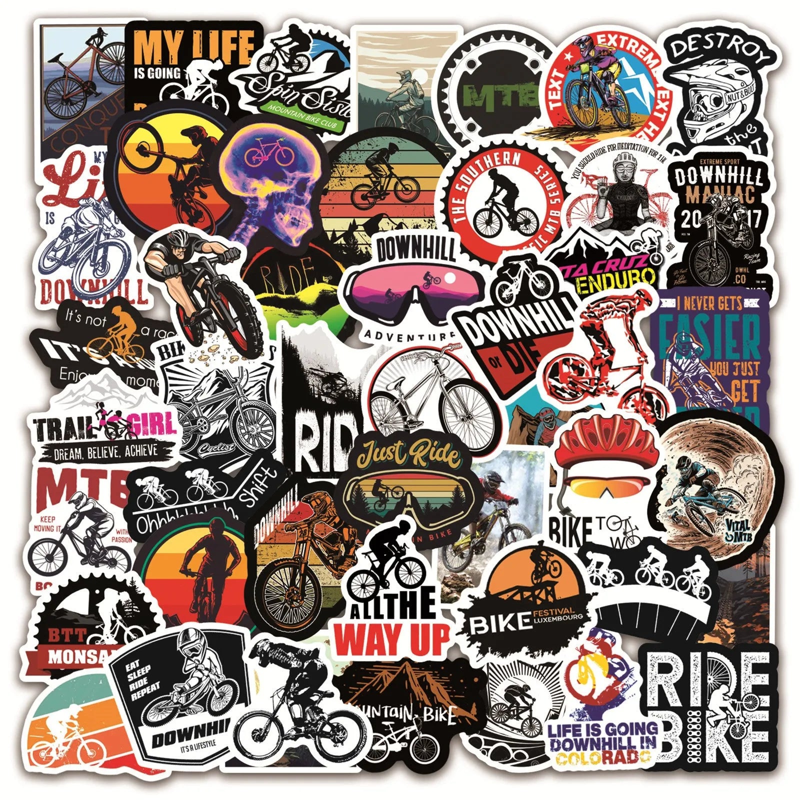 Set of 50 bicycle doodle stickers for mountain bike personalisation with strong-adhesion vinyl construction