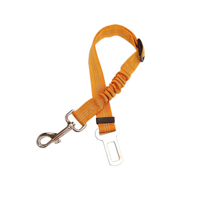 Black adjustable dog seat belt with reflective safety rope attached to car seat belt buckle, polyester webbing and alloy joint visible