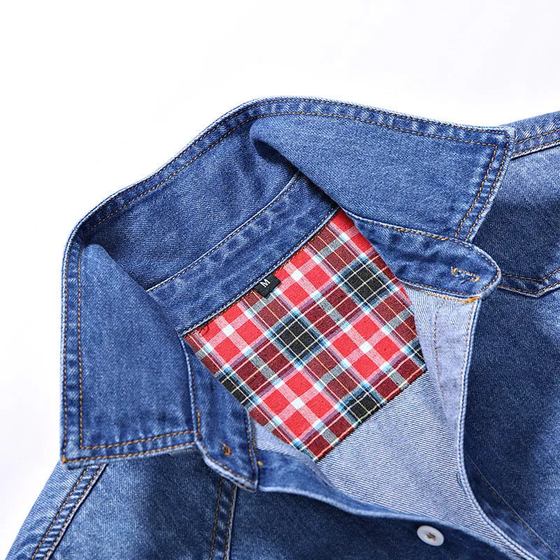 Men's slim fit denim shirt in sky blue with lapel collar and long sleeves on a plain background