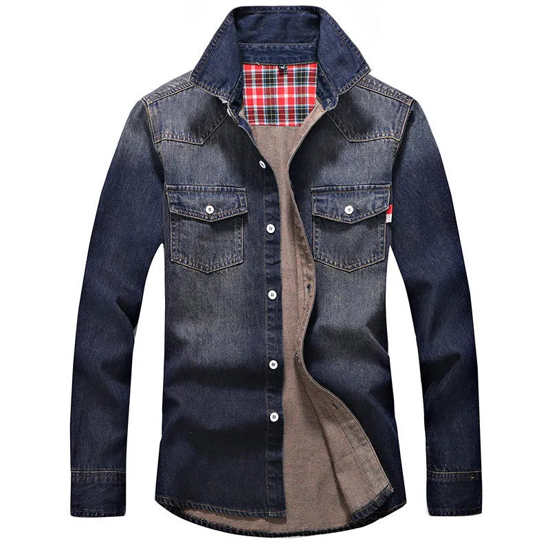 Men's slim fit denim shirt in sky blue with lapel collar and long sleeves on a plain background