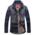 Men's slim fit denim shirt in sky blue with lapel collar and long sleeves on a plain background