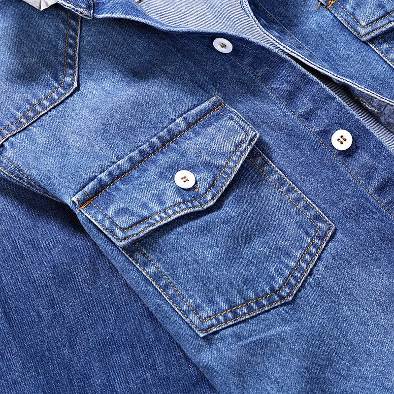 Men's slim fit denim shirt in sky blue with lapel collar and long sleeves on a plain background
