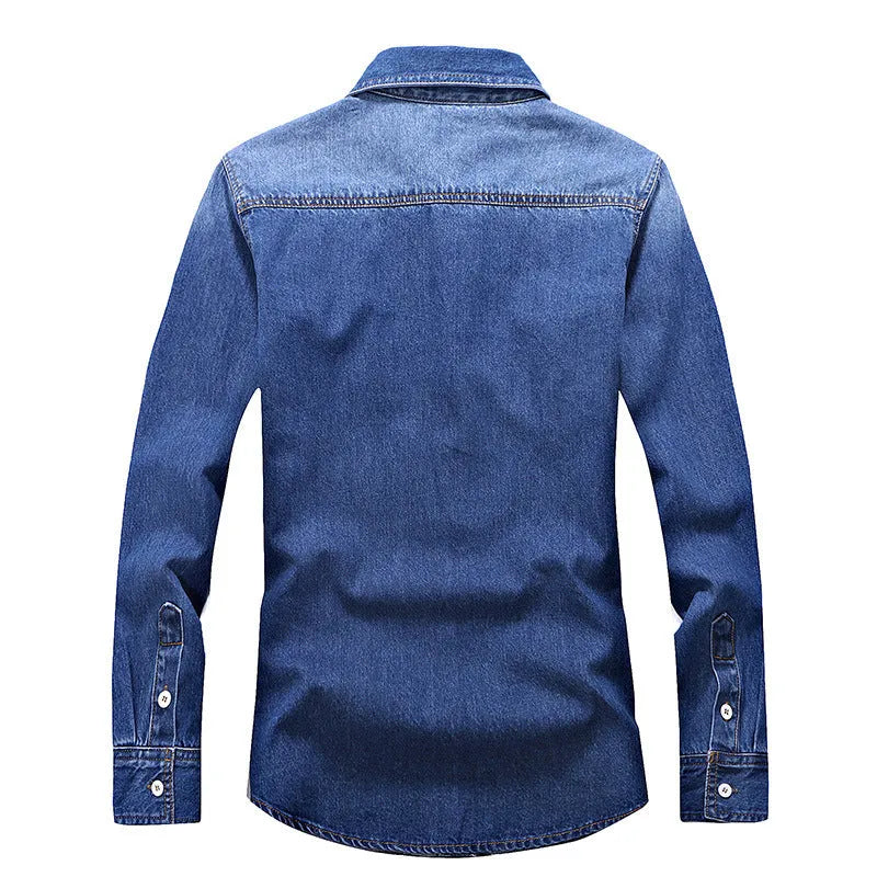 Men's slim fit denim shirt in sky blue with lapel collar and long sleeves on a plain background