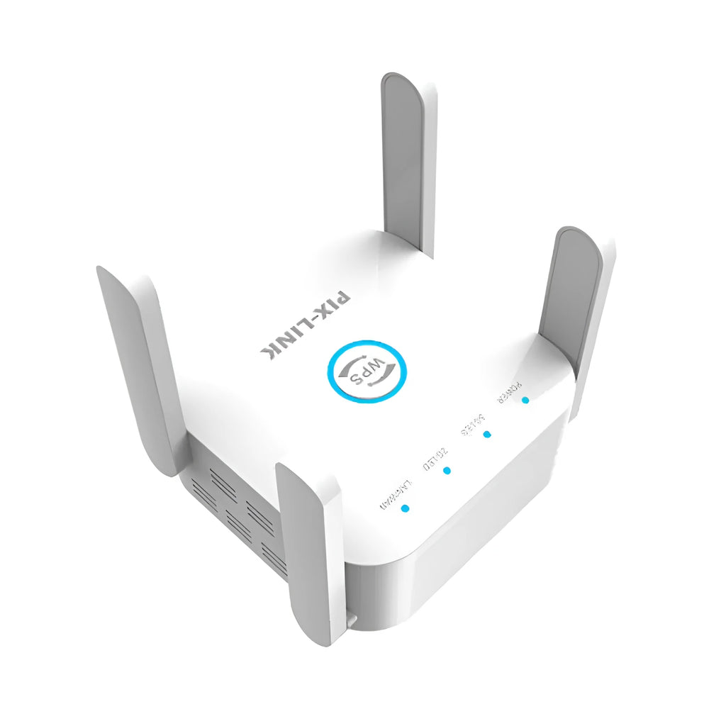 PIXLINK AC24 dual-band wireless router in black or white, showing ports and international power plug options.